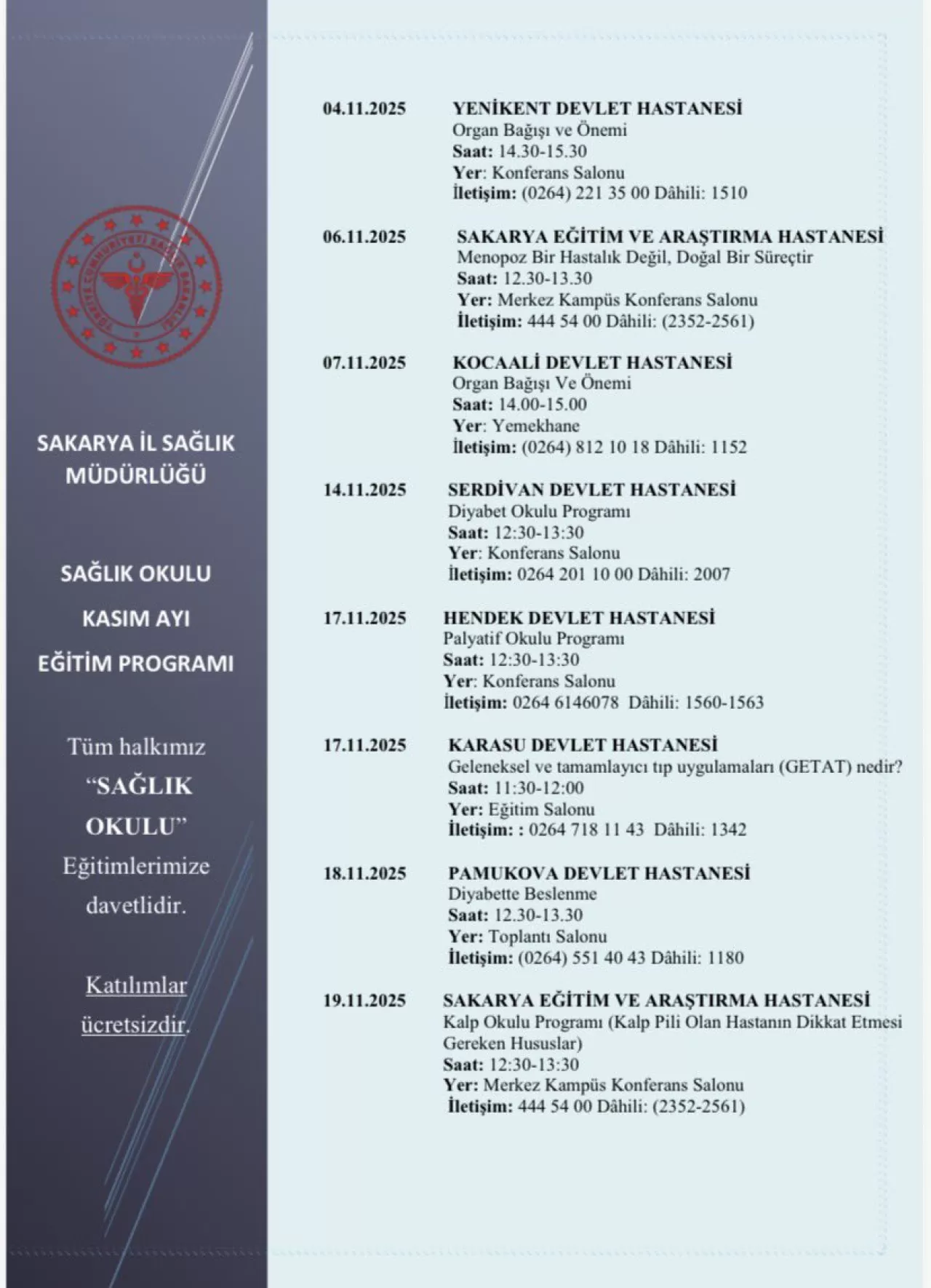 Sakarya'da Kasım Ayı Sağlık Okulu Eğitim Programı Açıklandı
