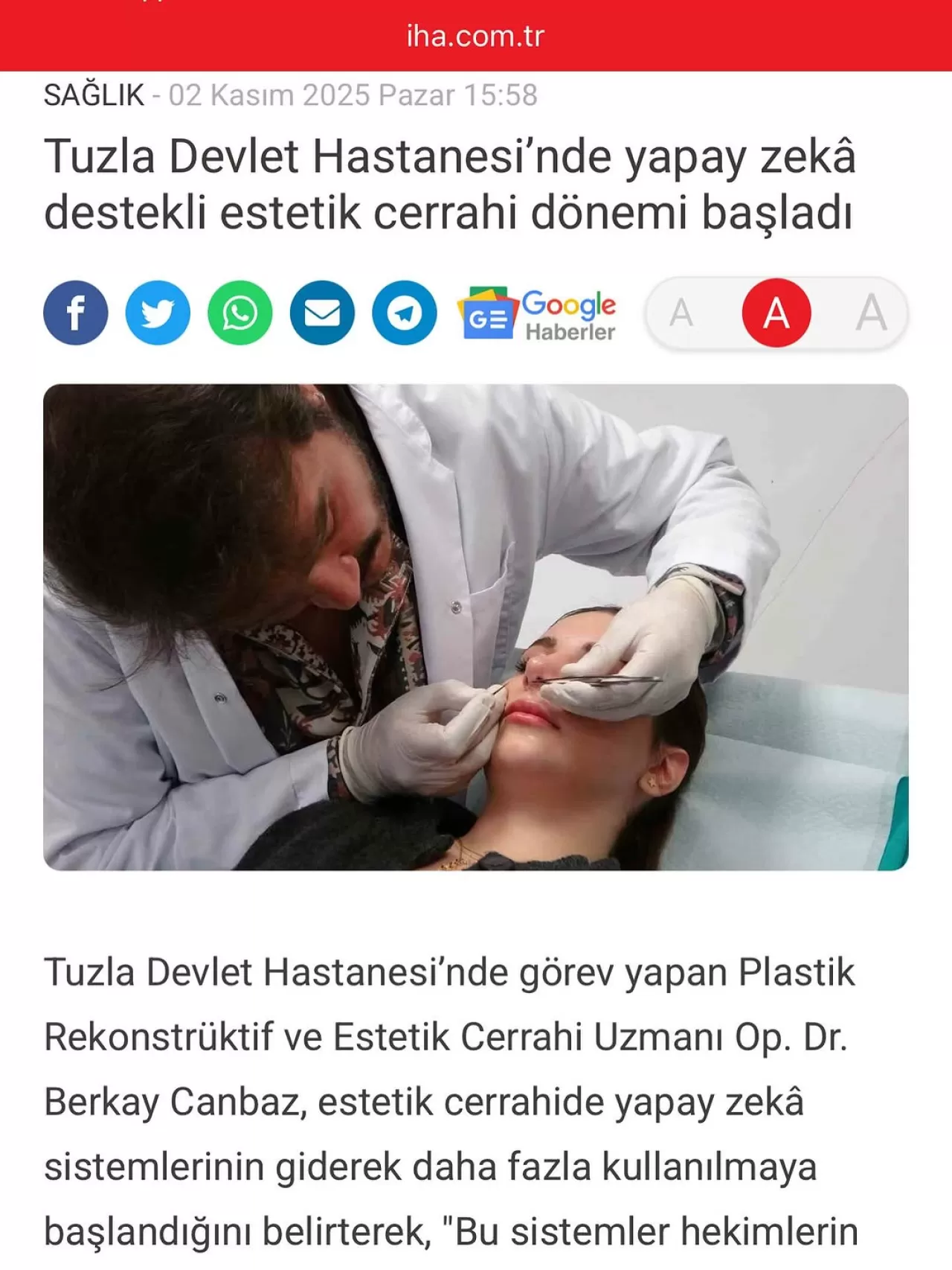 Yapay Zeka Destekli Estetik Cerrahi Dönemi Tuzla Devlet Hastanesi'nde Başladı