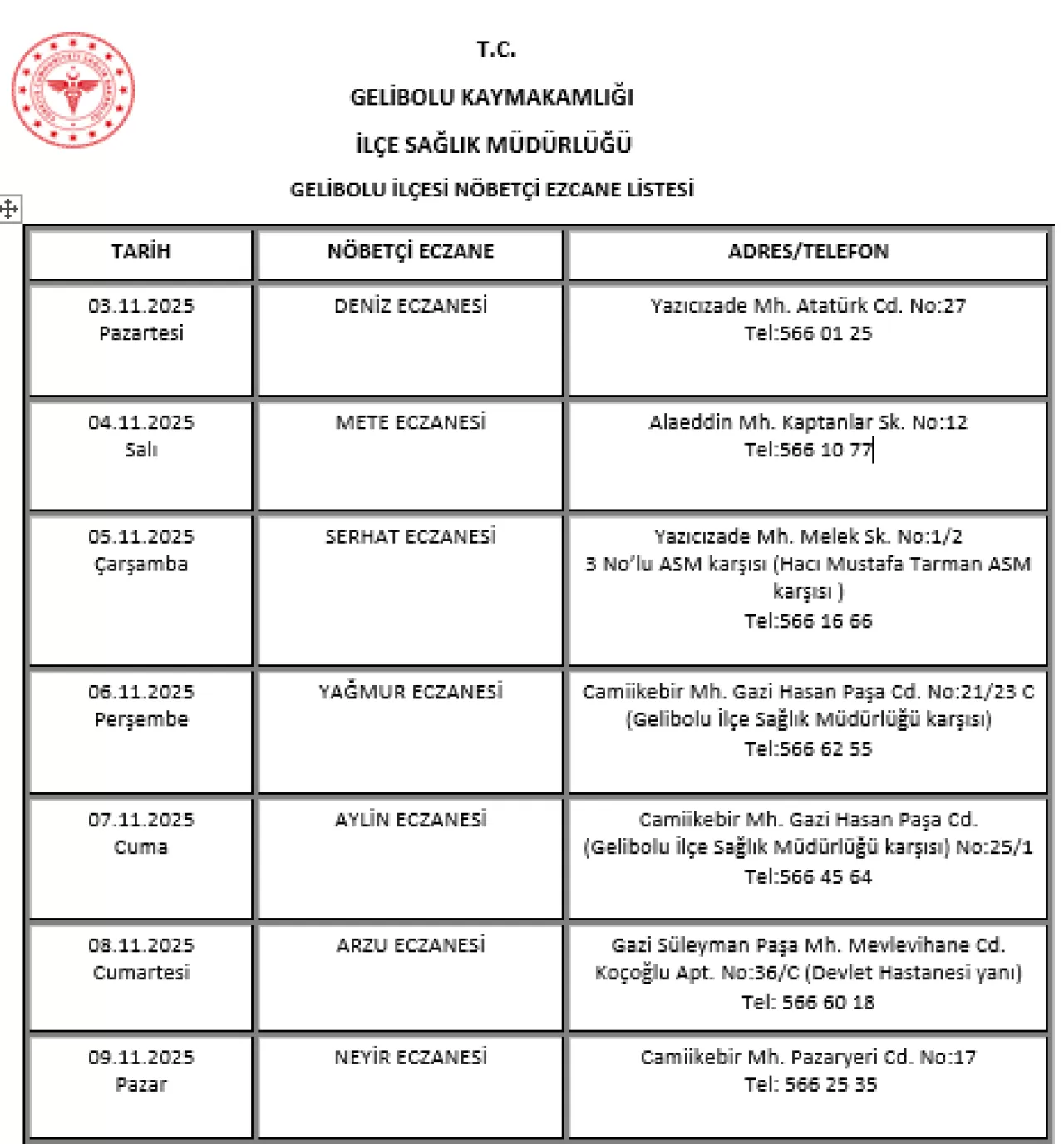 Gelibolu'da 3-9 Kasım 2025 Nöbetçi Eczaneler Listesi Açıklandı