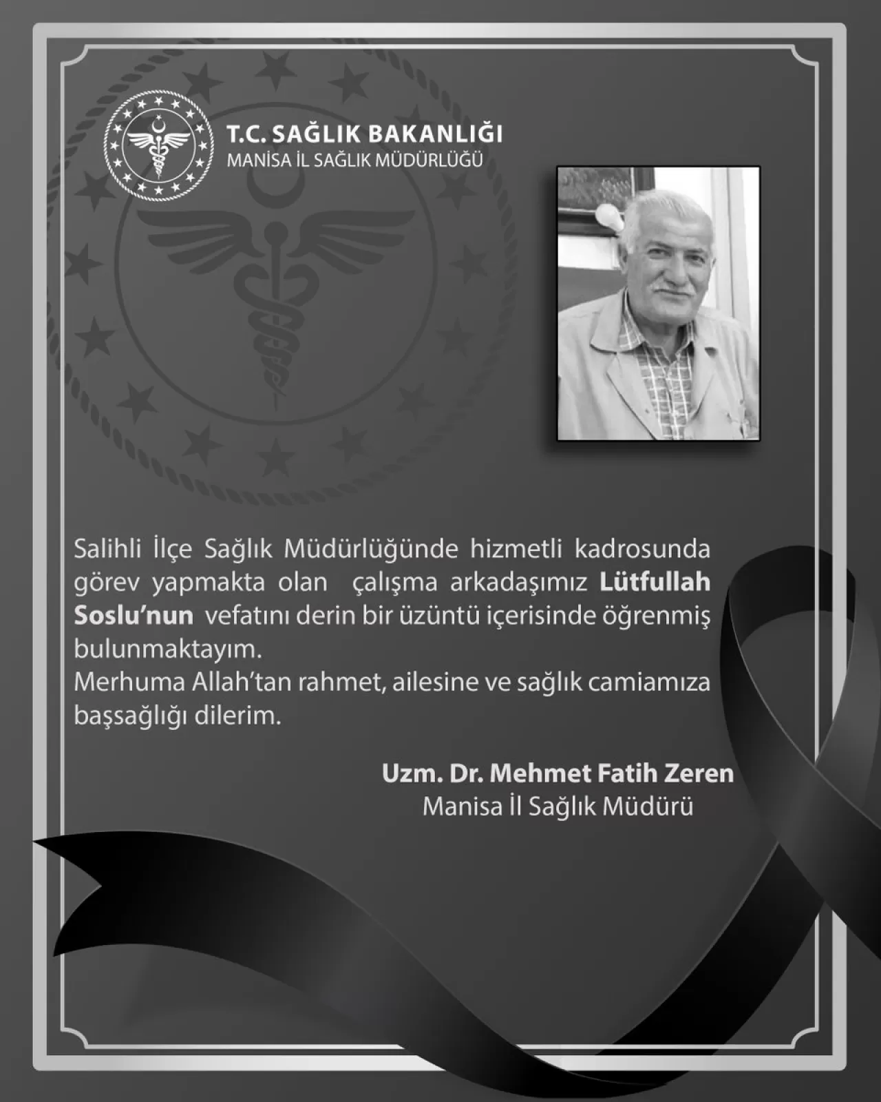 Manisa İl Sağlık Müdürlüğü'nden Taziye Mesajı