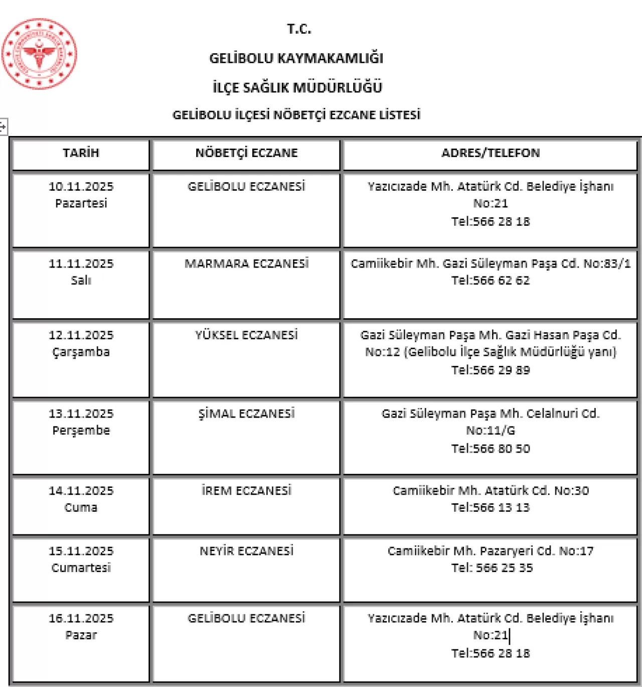 Gelibolu'da 16 Kasım 2025 Tarihli Nöbetçi Eczaneler Açıklandı
