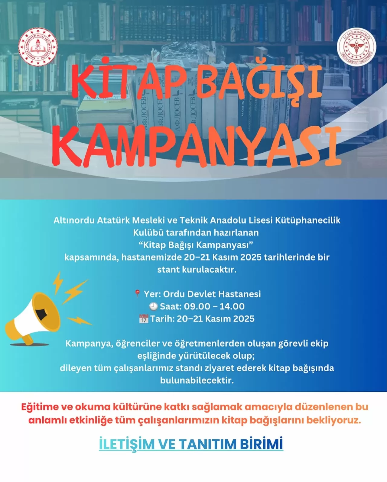 Ordu Devlet Hastanesi'nde Kitap Bağışı Kampanyası: 20-21 Kasım'da Eğitime Destek