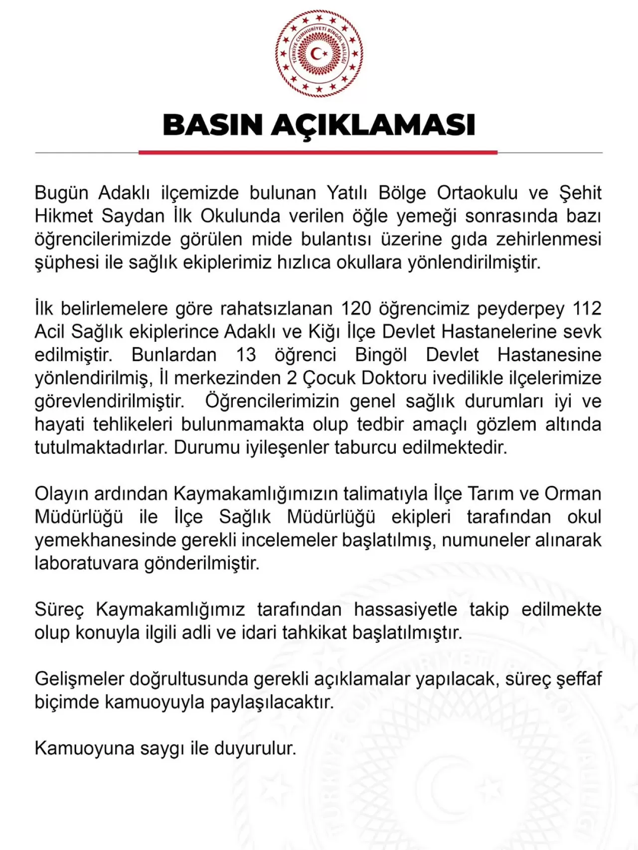 Adaklı'da Gıda Zehirlenmesi: Sağlık Durumu Stabil