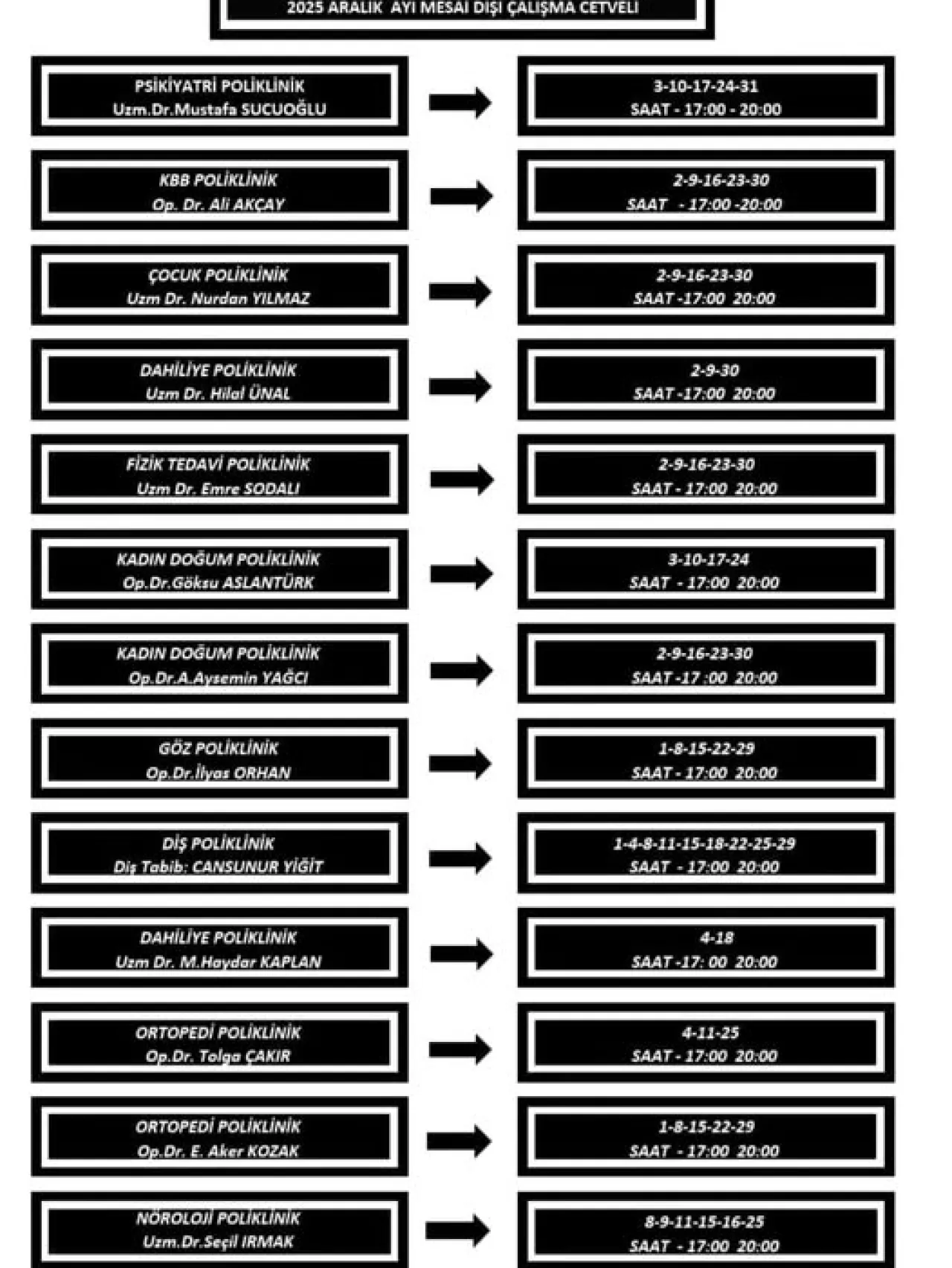 Suluova Devlet Hastanesi Aralık Ayı Mesai Dışı Poliklinik Hizmeti Başlıyor