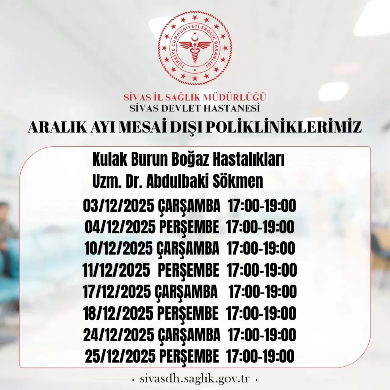 Sivas Devlet Hastanesi Aralık Ayında Mesai Saatleri Dışında da Hizmet Verecek