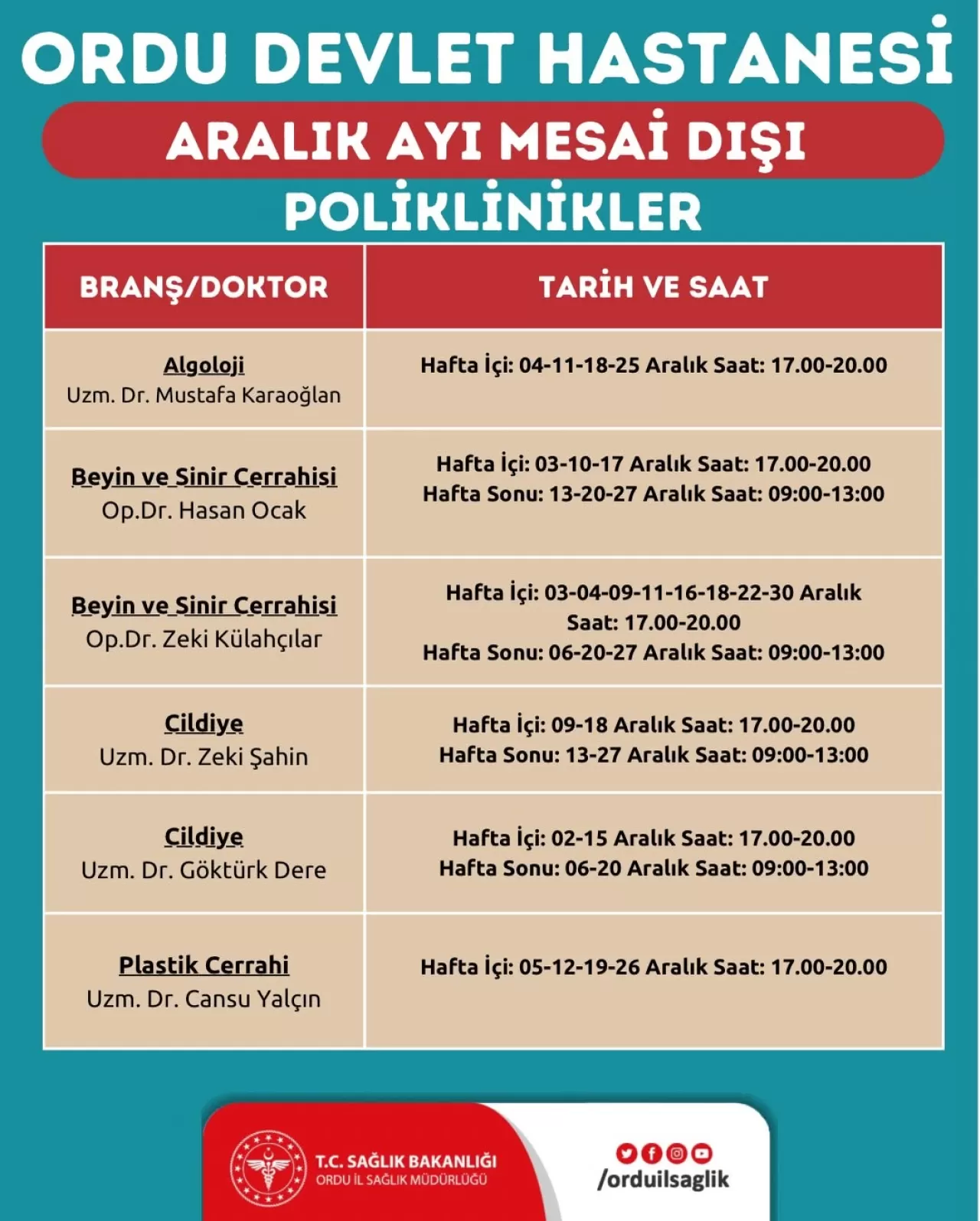 Ordu Devlet Hastanesi'nde Aralık Ayında Mesai Dışı Poliklinik Hizmeti