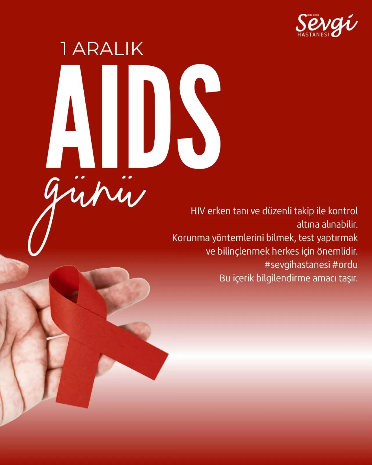 Özel Ordu Sevgi Hastanesi, 1 Aralık Dünya AIDS Günü'nde Erken Tanının Önemine Dikkat Çekti