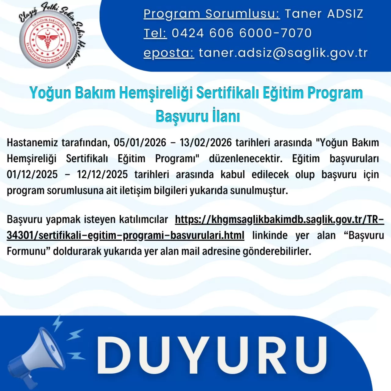 Elazığ Fethi Sekin Şehir Hastanesi'nde Yoğun Bakım Hemşireliği Sertifika Programı Başvuruları Başladı