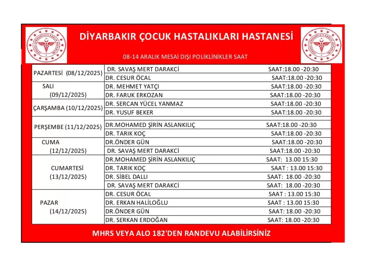 Diyarbakır Çocuk Hastalıkları Hastanesi Mesai Dışı Hekim Çalışma Programı Açıklandı
