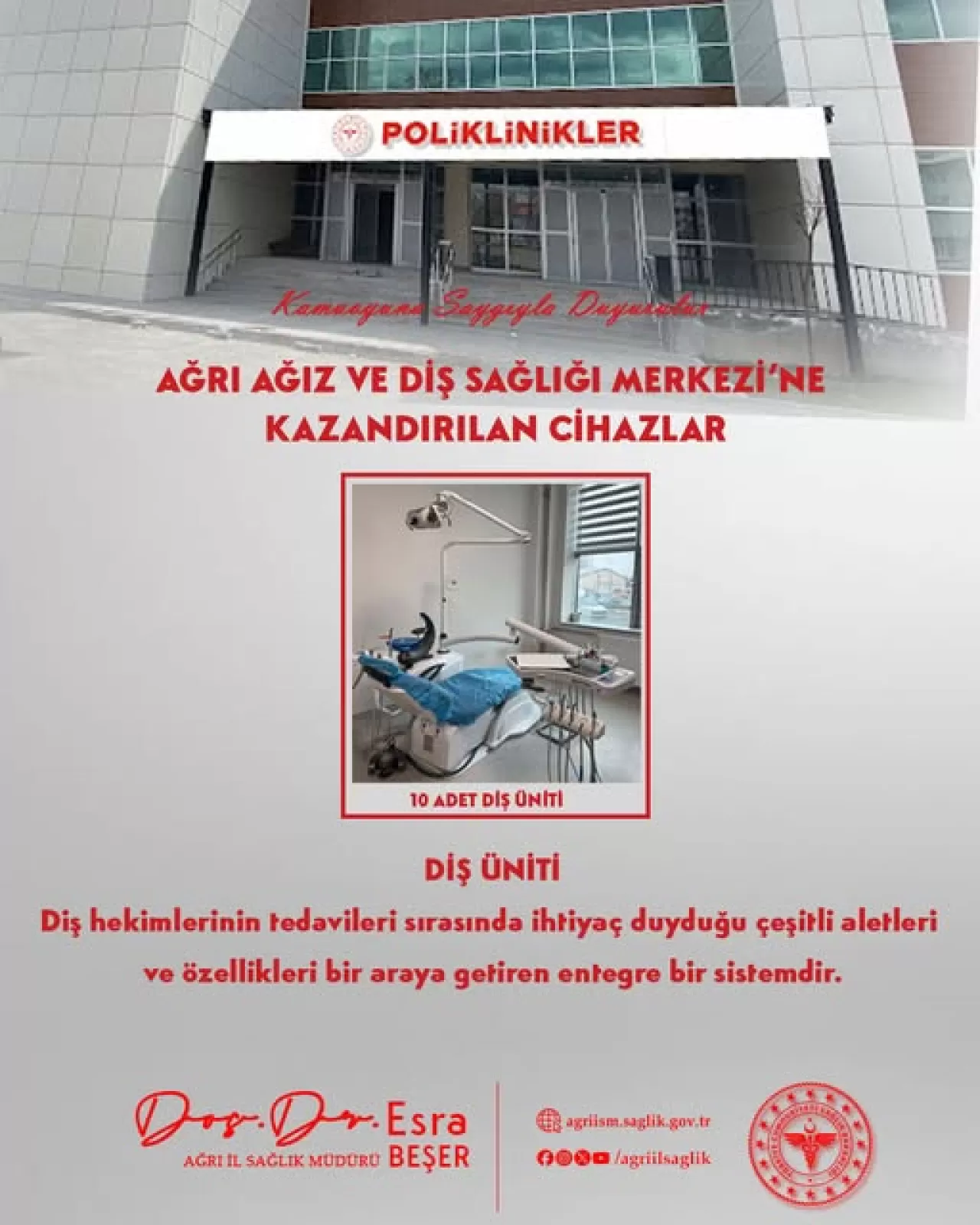 Ağrı Ağız ve Diş Sağlığı Merkezi'ne Yeni Tıbbi Cihazlar Kazandırıldı