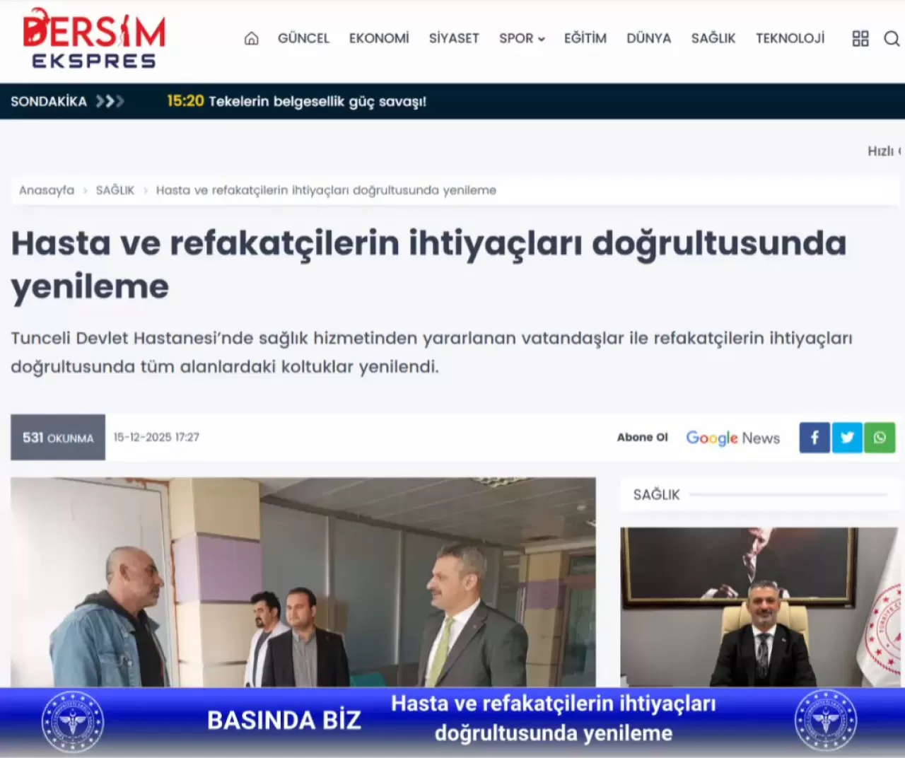 Tunceli İl Sağlık Müdürlüğü, Basına Teşekkür Etti