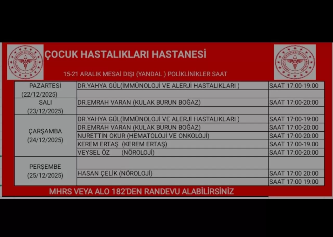 Diyarbakır Çocuk Hastalıkları Hastanesi Mesai Dışı Poliklinik Çalışma Takvimi Açıklandı