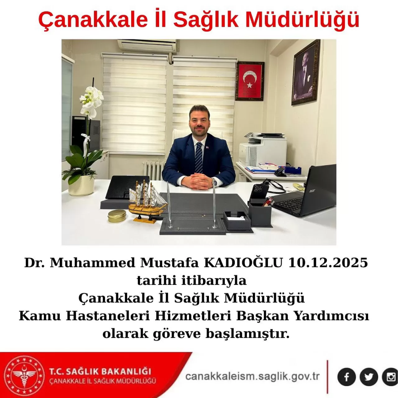 Dr. Muhammed Mustafa Kadıoğlu Çanakkale İl Sağlık Müdürlüğü'nde Yeni Görevine Başladı