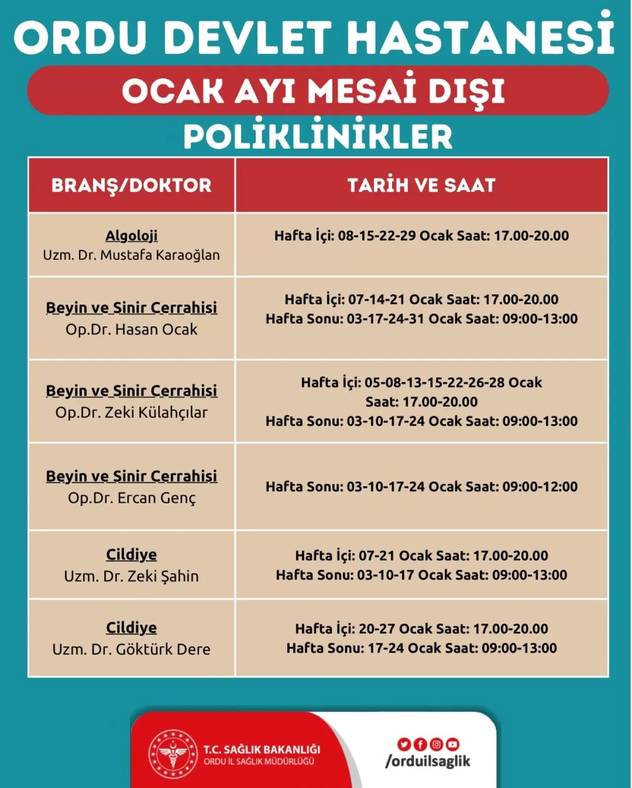 Ordu Devlet Hastanesi'nde Mesai Saatleri Dışında Poliklinik Hizmeti