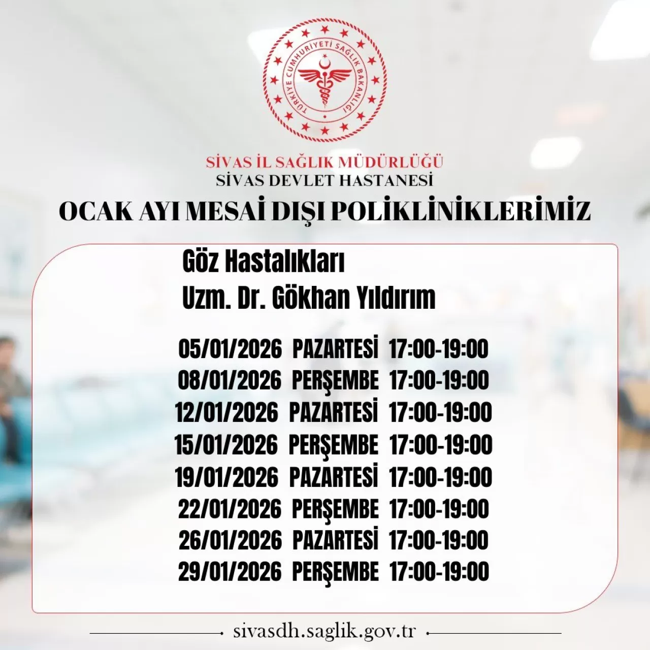 Sivas Devlet Hastanesi Ocak Ayı Mesai Saatleri Dışında da Hizmet Verecek