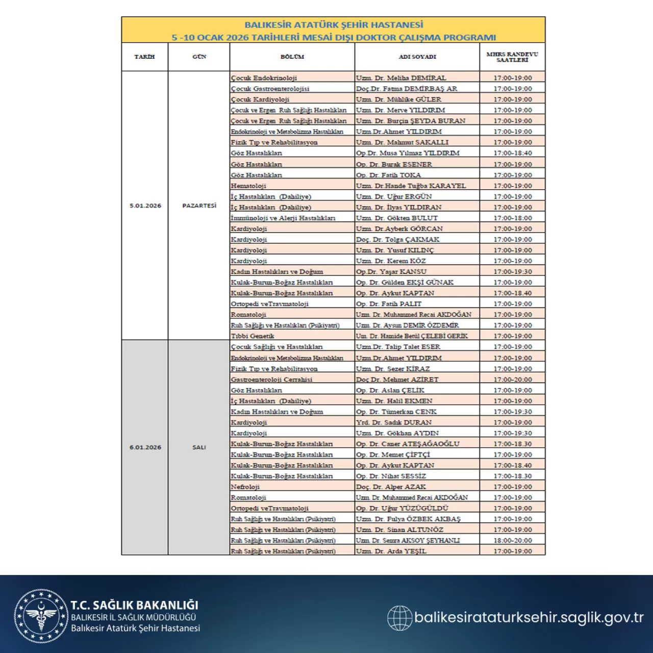 Ekin Tıp Merkezi'nde Ocak 2026 Doktor Çalışma Programı Açıklandı