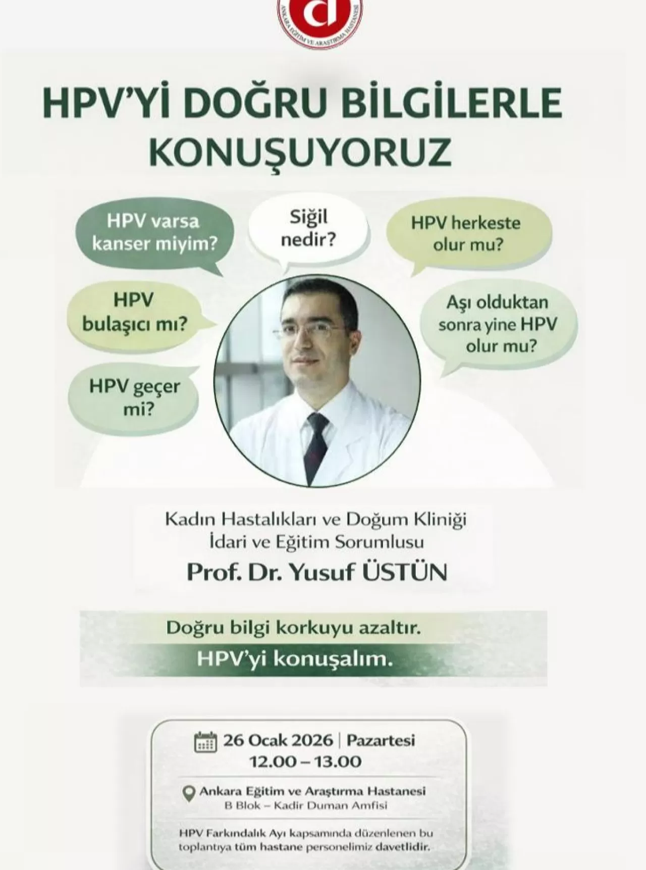 HPV Farkındalık Eğitimi, Ankara Eğitim ve Araştırma Hastanesi'nde Yapılacak