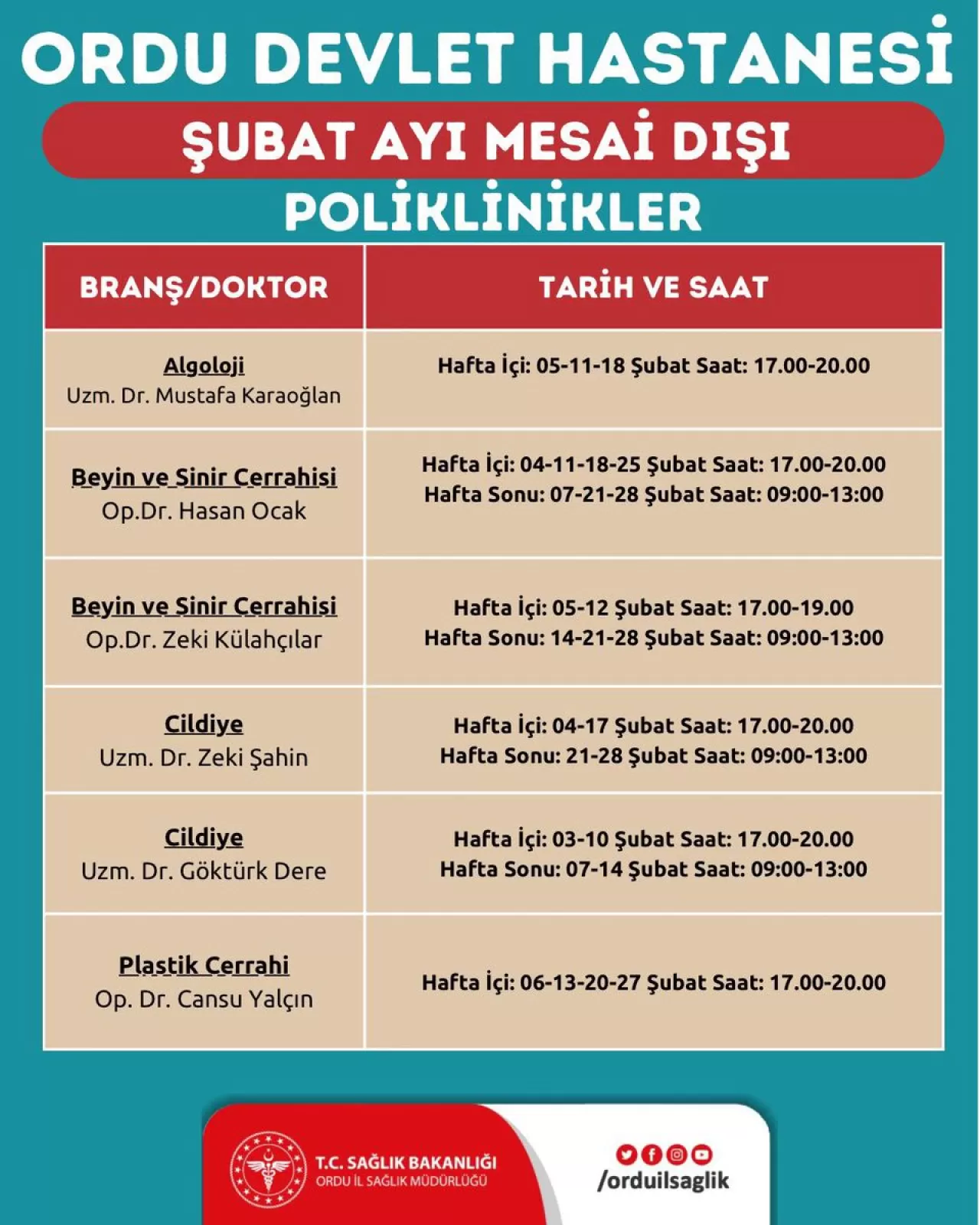 Ordu Devlet Hastanesi'nde Şubat Ayı Mesai Dışı Poliklinik Hizmeti