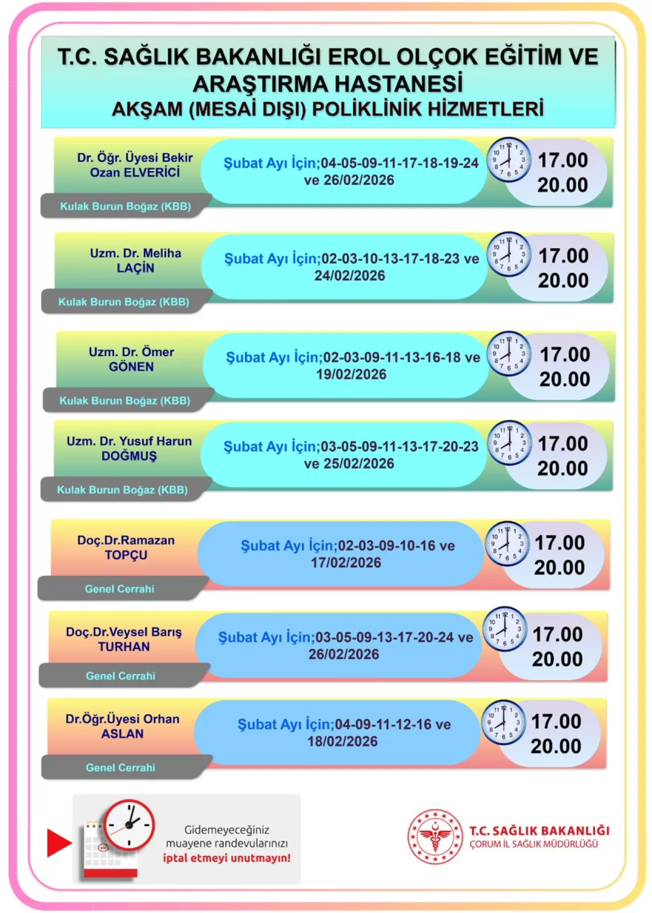 Çorum'da Akşam Poliklinik Hizmetleri Başlıyor
