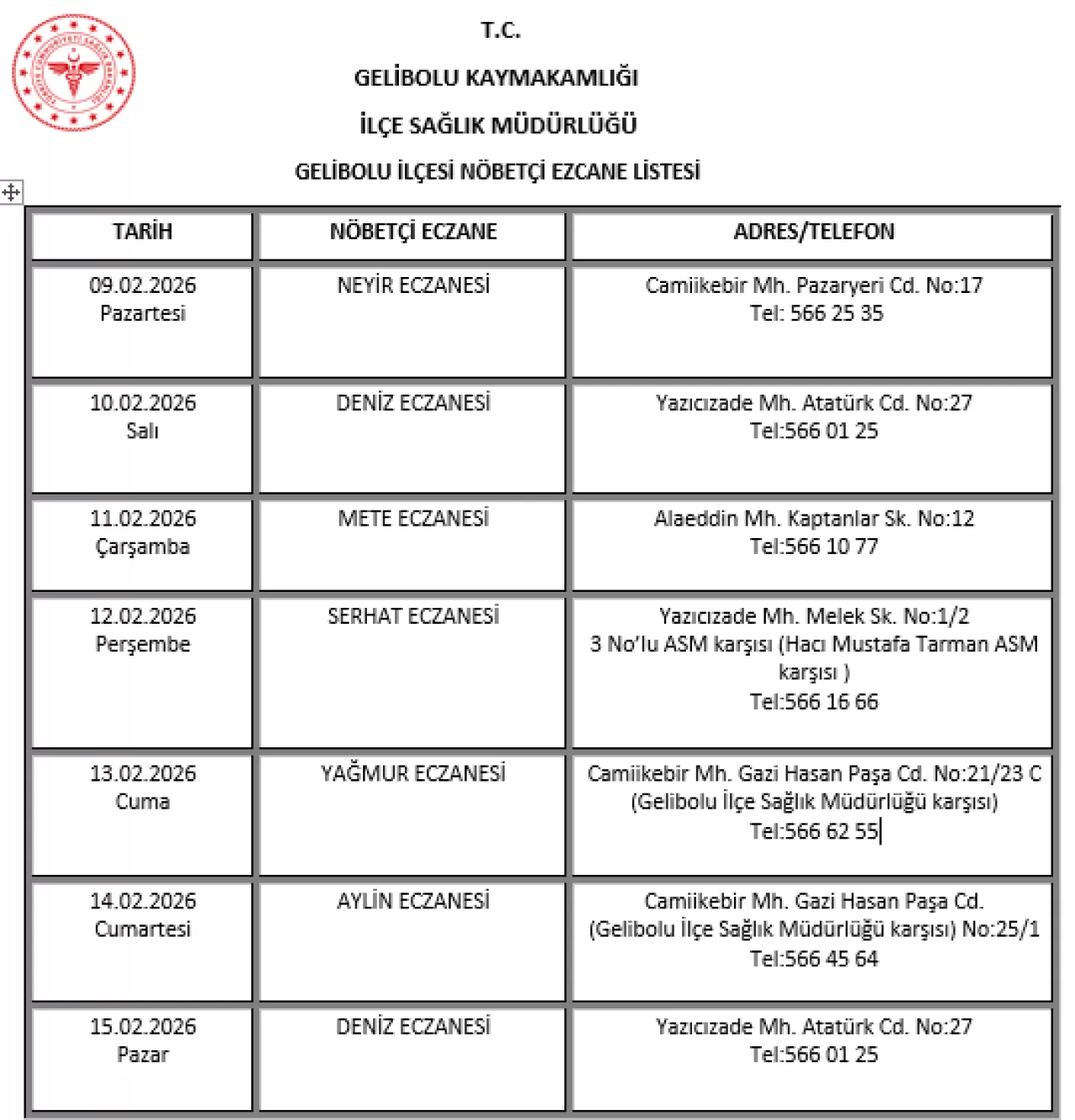 Gelibolu'da 15 Şubat 2026 Tarihli Nöbetçi Eczaneler Açıklandı
