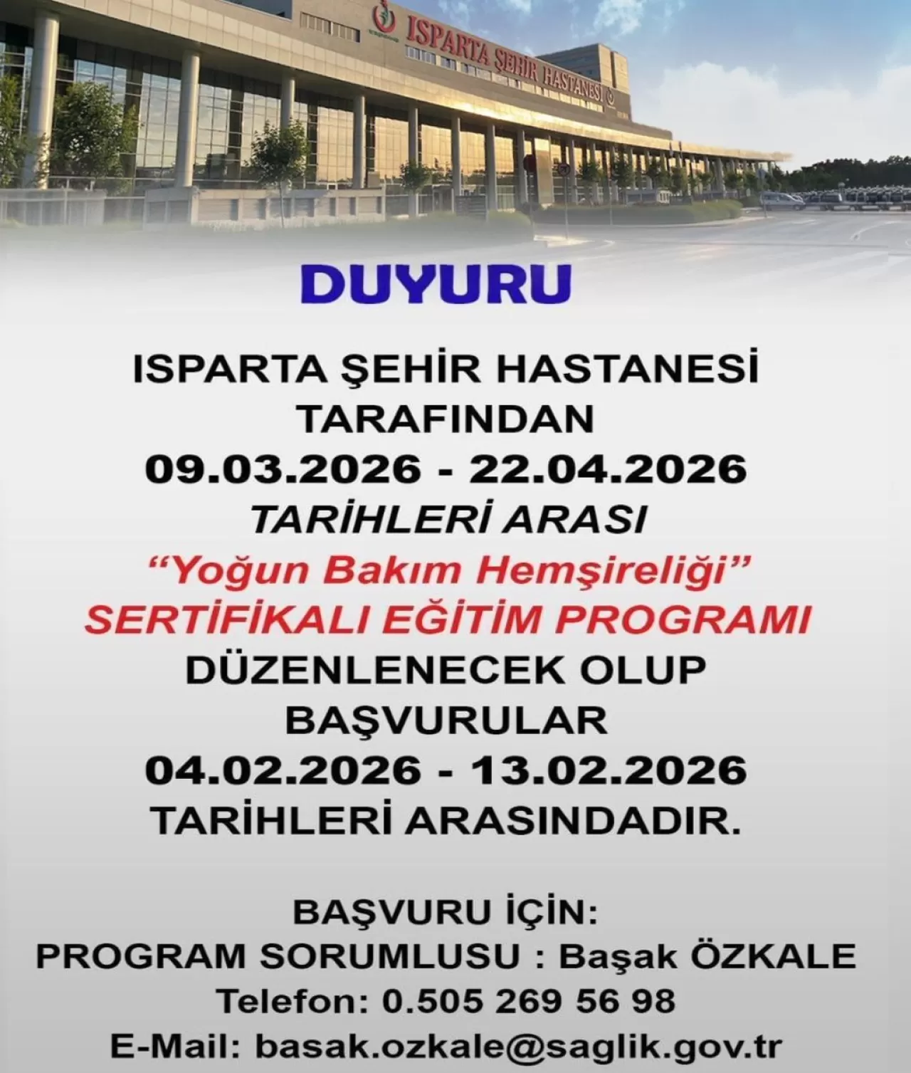 Isparta Şehir Hastanesi'nde Yoğun Bakım Hemşireliği Eğitim Programı Açılıyor