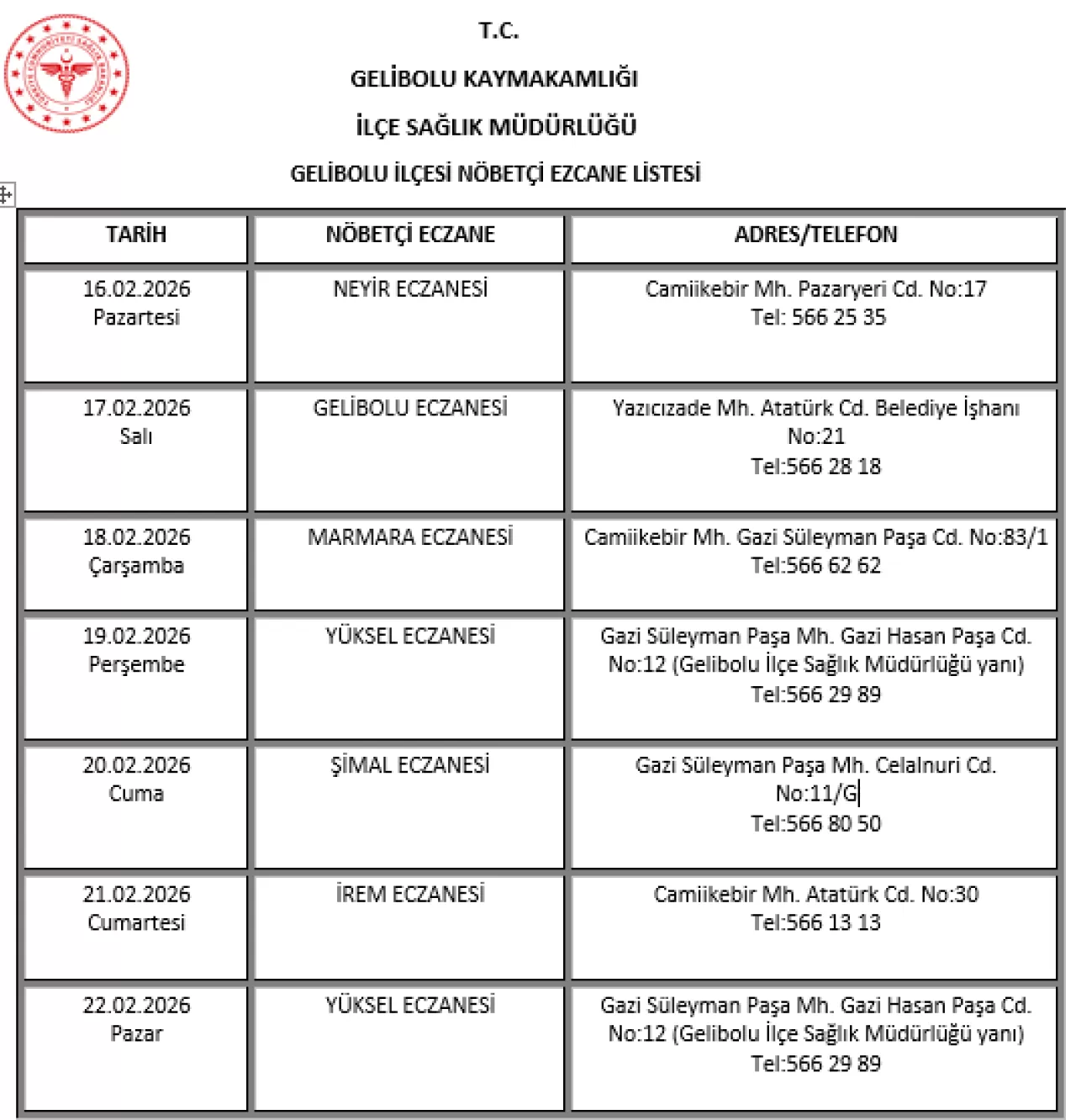 Gelibolu'da 2026 Yılı Şubat Ayı Nöbetçi Eczaneler Listesi Açıklandı