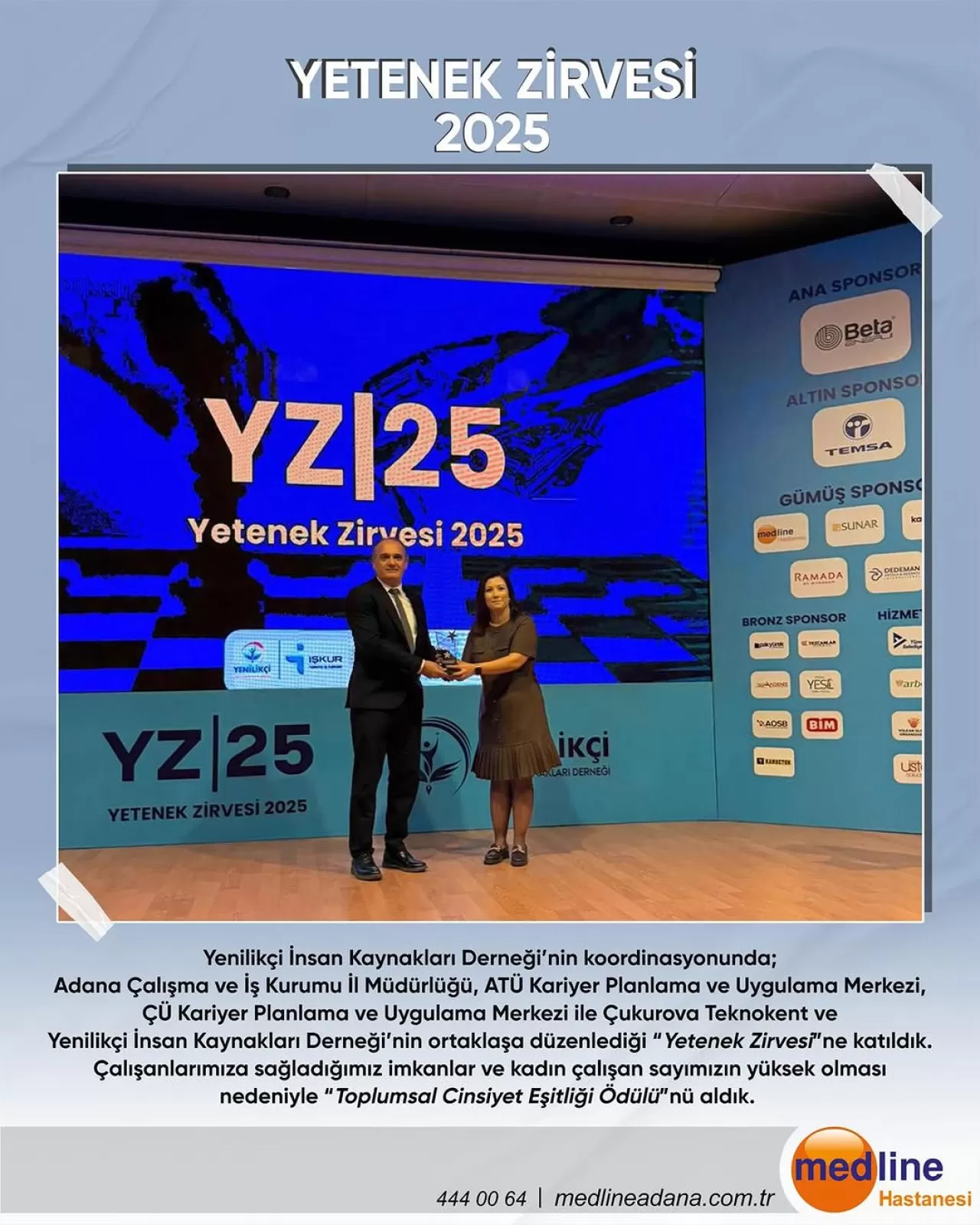 Medline Adana Hastanesi'ne Toplumsal Cinsiyet Eşitliği Ödülü
