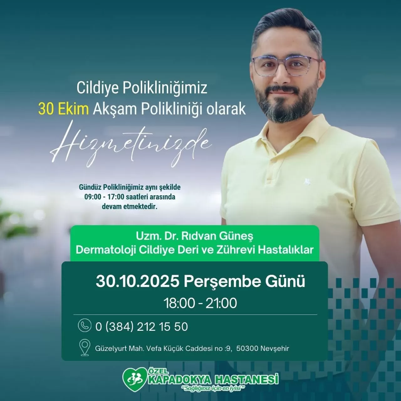 Kapadokya Hastanesi'nde Cildiye Polikliniği Akşam Hizmeti Başlıyor