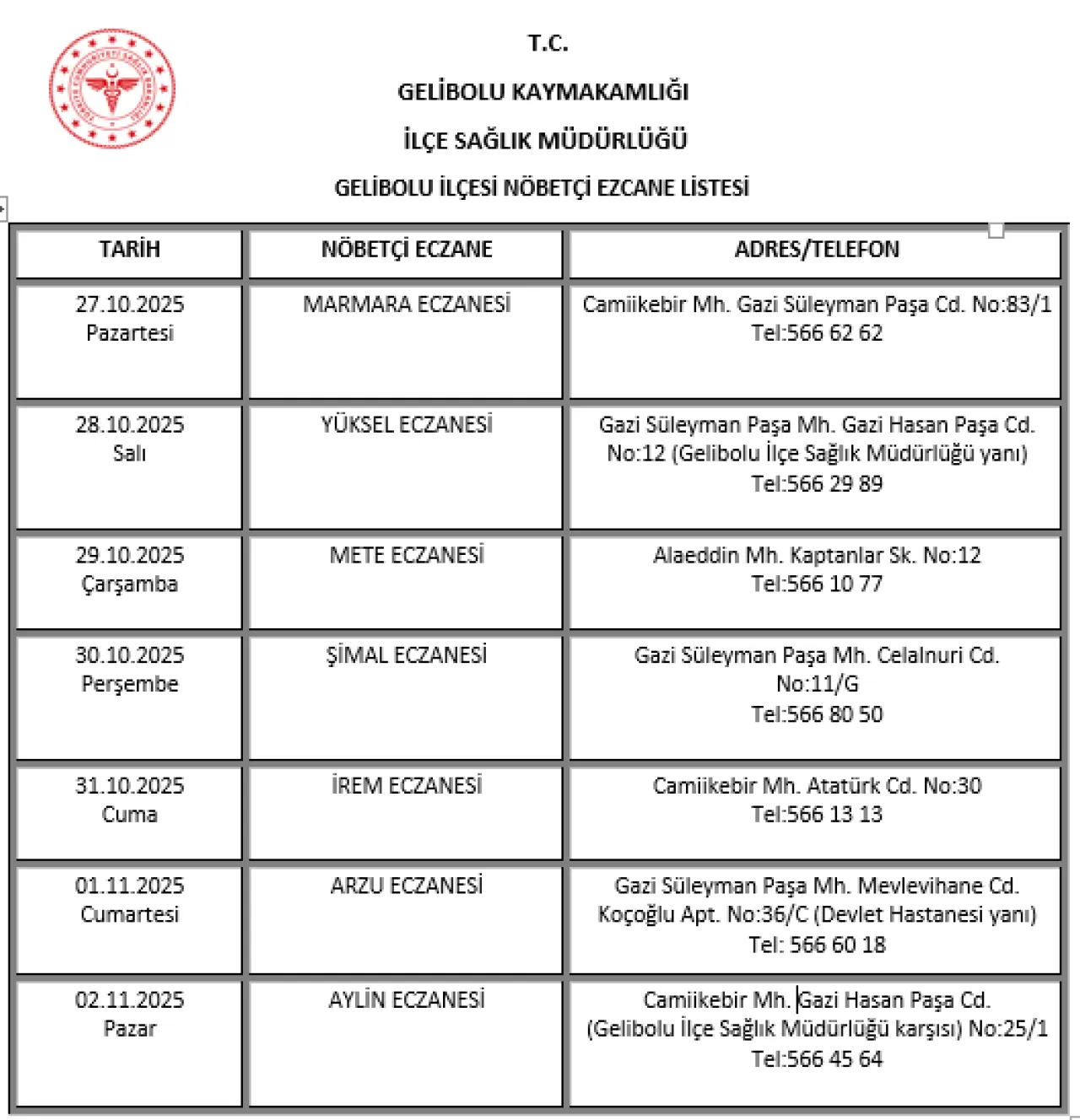 Gelibolu'da 27 Ekim - 2 Kasım 2025 Tarihleri Arasındaki Nöbetçi Eczaneler Açıklandı