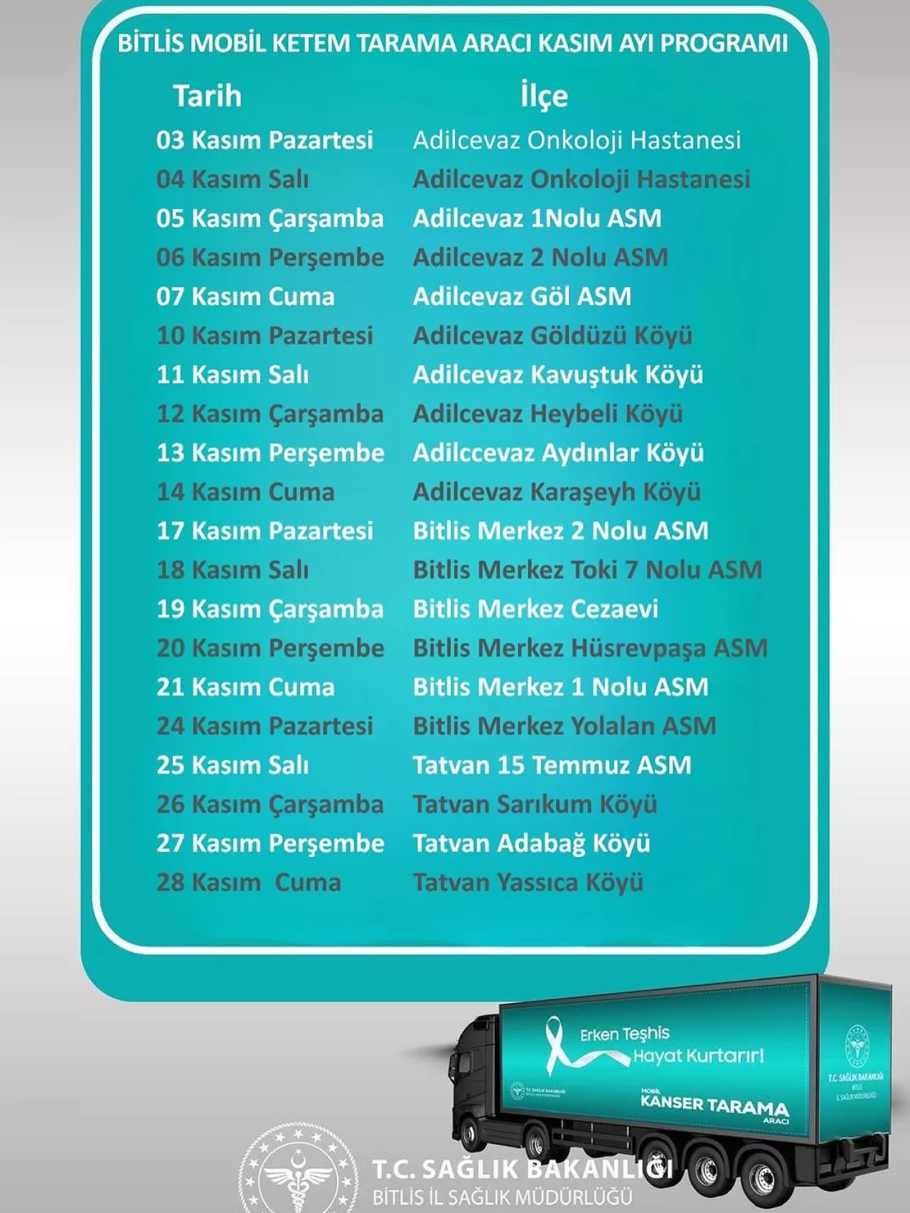 Bitlis'te Mobil Kanser Tarama Aracı Kasım Ayı Duraklarını Açıkladı