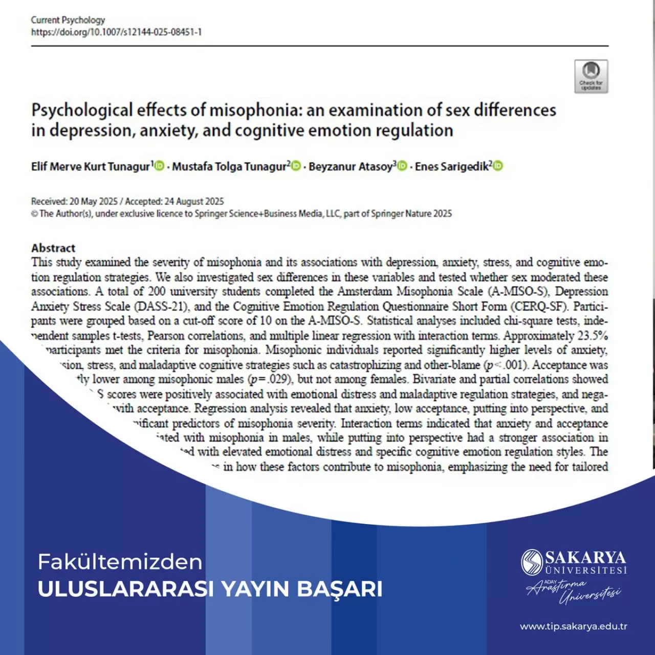 Sakarya Üniversitesi Tıp Fakültesi'nden Uluslararası Yayın Başarısı