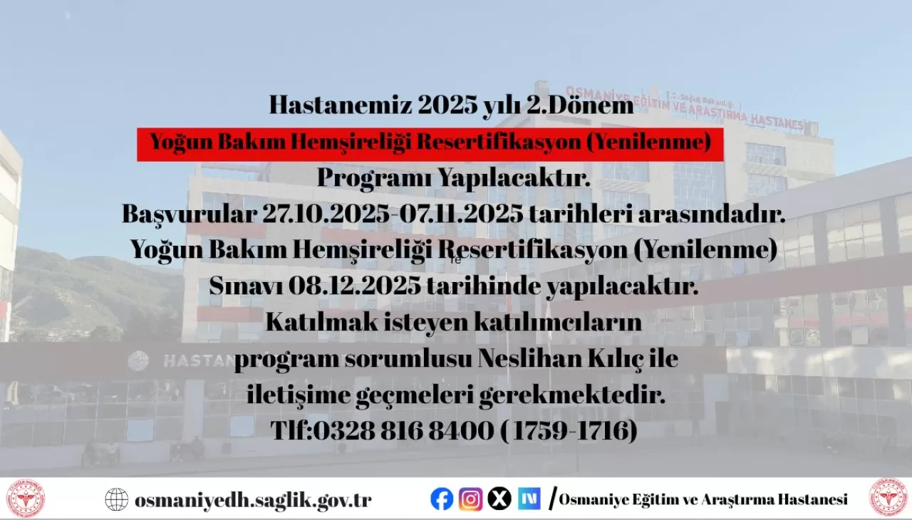 Osmaniye'de Yoğun Bakım Hemşireliği Sertifikasyon Sınavı Başvuruları Başlıyor